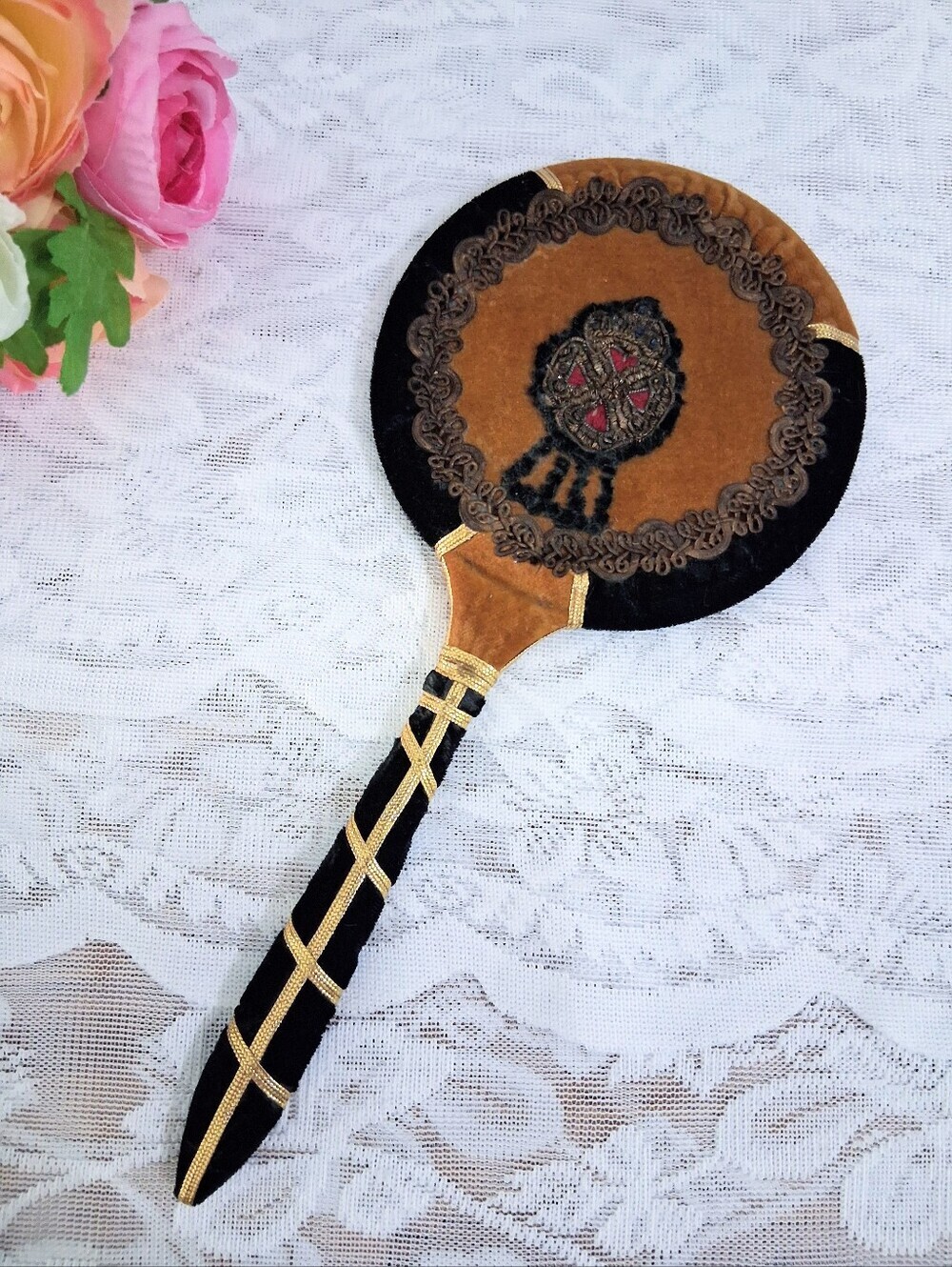 Antique Victorian Velvet Hand Mirror Gold Bullion Crest 10.5"